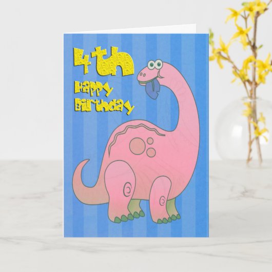幸せな第4誕生日のピンクの恐竜 カード (黄色い花)