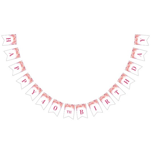 幸せな第40誕生日の旗のピンクの水彩画の花 バンティングフラッグ (全)