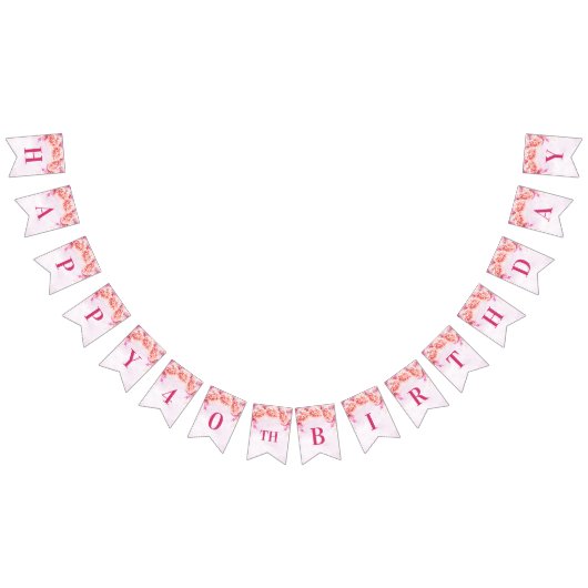 幸せな第40誕生日の旗のピンクの水彩画の花 バンティングフラッグ (全)