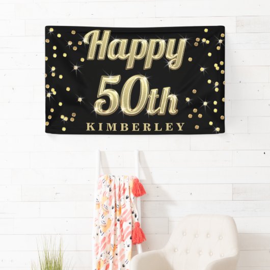 幸せな第50金ゴールドのきらきら光るなタイポグラフィの紙吹雪の黒 横断幕 (インサイチュ)