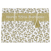 幸せな第55誕生会のテーマの金ゴールドおよび白 ラージペーパーバッグ (正面)