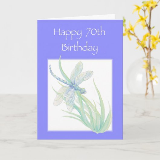 幸せな第70誕生日の水彩画のトンボの自然 カード (黄色い花)