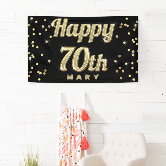 幸せな第70金ゴールドのきらきら光るなタイポグラフィの紙吹雪の黒 横断幕 (インサイチュ)