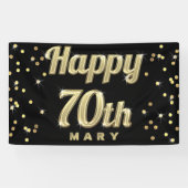 幸せな第70金ゴールドのきらきら光るなタイポグラフィの紙吹雪の黒 横断幕 (横)