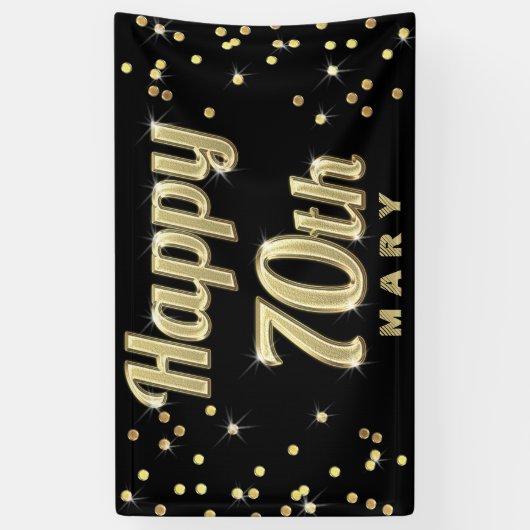 幸せな第70金ゴールドのきらきら光るなタイポグラフィの紙吹雪の黒 横断幕 (縦)