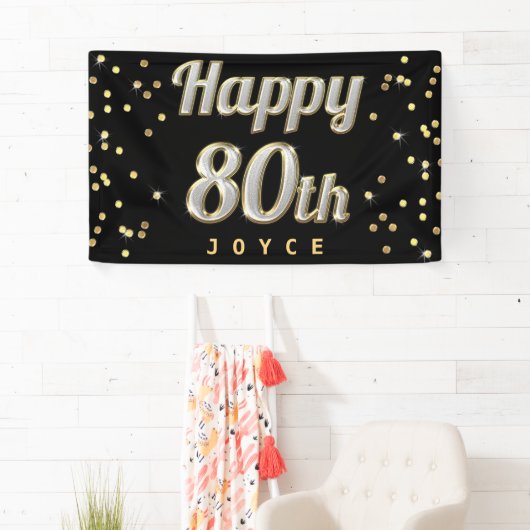 幸せな第80きらきら光るなタイポグラフィの金ゴールドの紙吹雪の黒 横断幕 (インサイチュ)