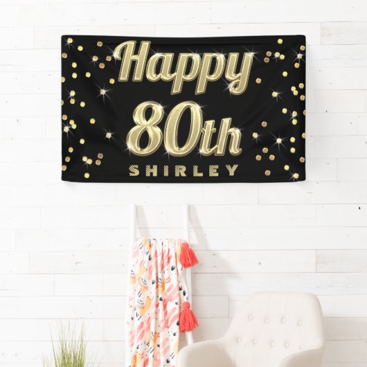 幸せな第80金ゴールドのきらきら光るなタイポグラフィの紙吹雪の黒 横断幕 (インサイチュ)