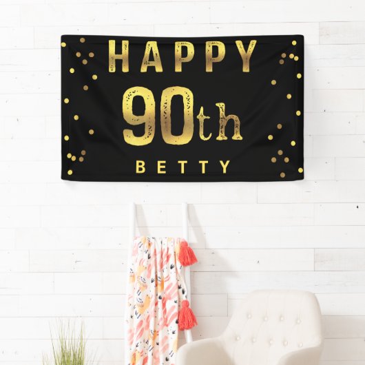 幸せな第90フェイクな金ゴールドホイルの紙吹雪の黒 横断幕 (インサイチュ)