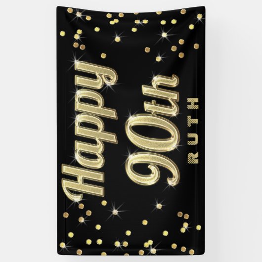 幸せな第90金ゴールドのきらきら光るなタイポグラフィの紙吹雪の黒 横断幕 (縦)