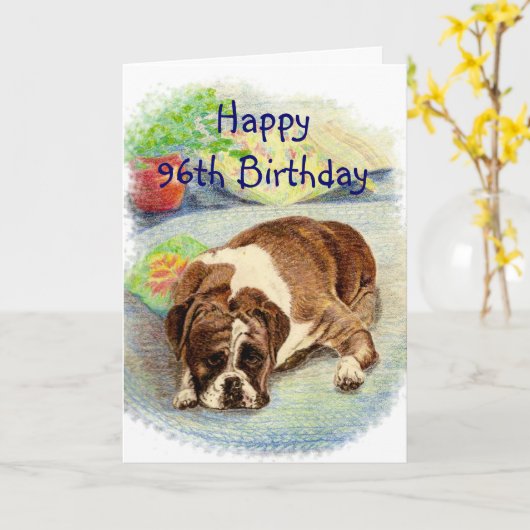 幸せな第96誕生日は興奮するユーモアのボクサー犬を得ます カード (黄色い花)