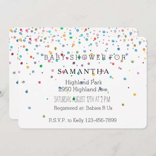 幸せな紙吹雪はベビーシャワーに点を打ちます 招待状 (正面/裏面)