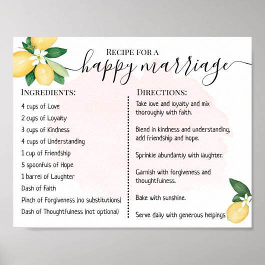 幸せな結婚のためのレシピ新婚レモンズピンク ポスター (正面)