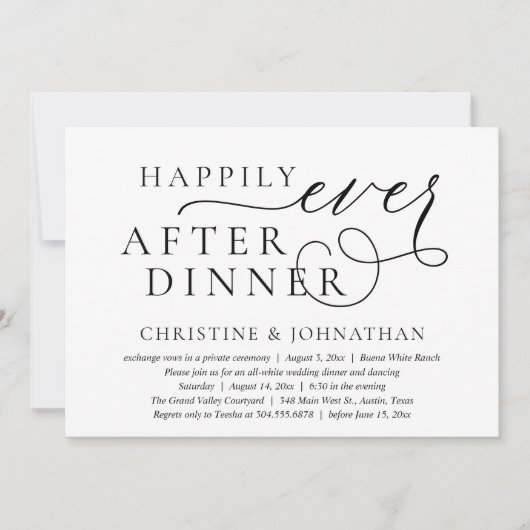 幸せな結婚式の始まりを告げる、洗練された美しいモノクロのテーマの結婚式の招待状「Happily Ev 招待状 (正面)