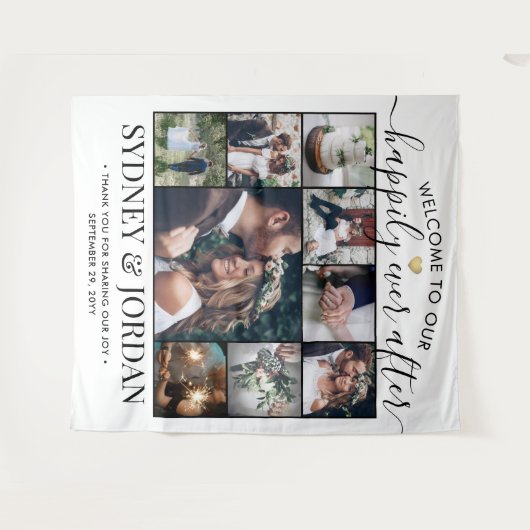 幸せな結婚式の始まり 9枚の写真を飾ったウェルカムボード タペストリー (正面(横))