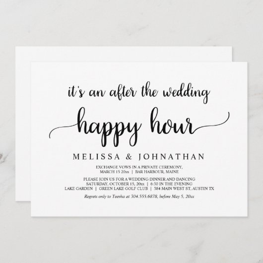 幸せな結婚後のお祝いの時間 ウェディングエロープメント ハッピーアワー 招待状 (正面/裏面)