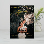 幸せな結婚記念日のエレガントなスクリプト写真ホイル ハoliday 箔シーズンカード (立ち正面)