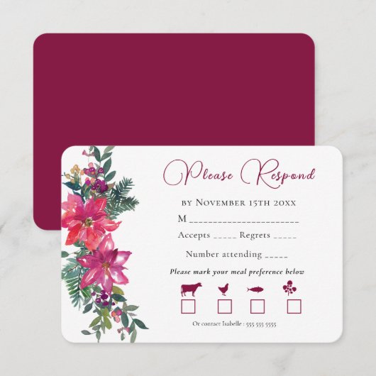 幸せな結婚　クリスマス　ウェディング　ピンクの花 出欠カード (正面/裏面)