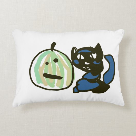 幸せな緑のジャックオーランタン黒猫 アクセントクッション (正面)