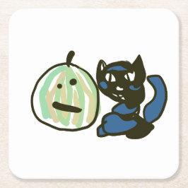 幸せな緑のジャックオーランタン黒猫 スクエアペーパーコースター