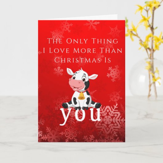 幸せな美しい赤ちゃん牛のクリスマス、赤いカード カード (黄色い花)