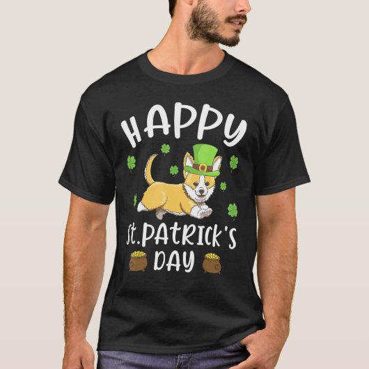 幸せな聖パトリックの日 コーギーの面白いデザイン Tシャツ (正面)