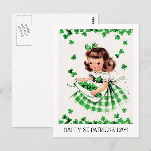 幸せな聖パトリックの日。ヴィンテージリトルアイリッシュガール ポストカード (正面/裏面)