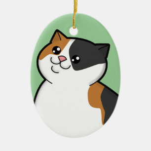 幸せな脂肪質の茶色のぶち猫の記念品のオーナメント セラミックオーナメント