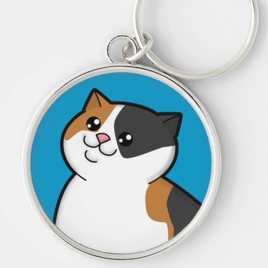 幸せな脂肪質の茶色のぶち猫の金属円形のKeychain キーホルダー (正面)