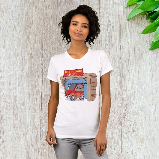 幸せな自動車洗車の女性用Tシャツ Tシャツ