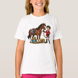 幸せな若い騎手と美しい馬のキャラクターTシャツ Tシャツ