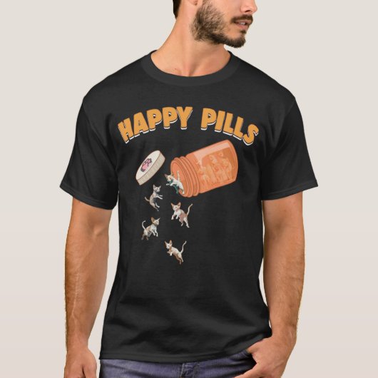 幸せな薬デボンレックス猫 子猫 ネコ 冗談 Tシャツ (正面)