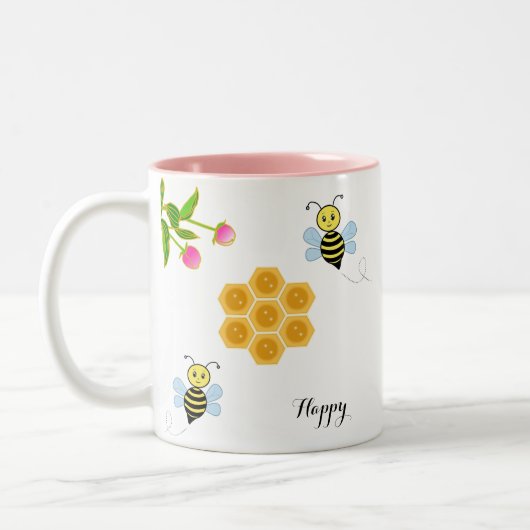 幸せな蜂とピンクの花とハニカム ツートーンマグカップ (左)
