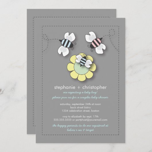 幸せな蜂家族は男の子のためのベビーシャワーをつなぎます 招待状 (正面/裏面)