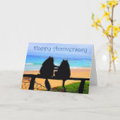 幸せな記念日、猫のシルエット、浜 カード (黄色い花)