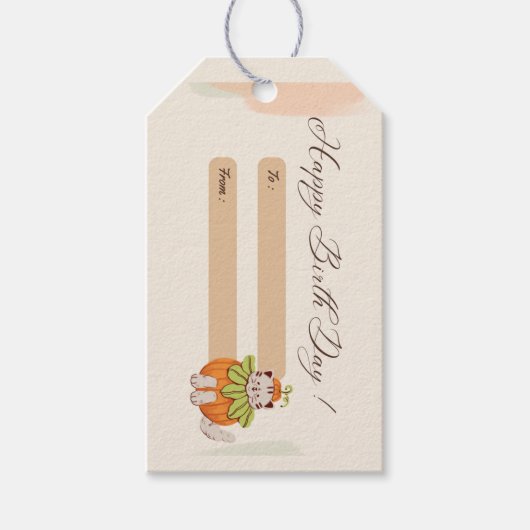 幸せな誕生の日あいさつ猫ピンク ギフトタグ (正面)