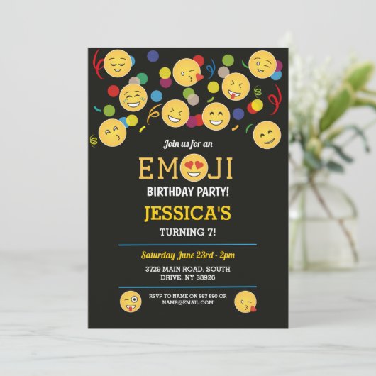 幸せな誕生日のEmojiのおもしろいの誕生日の子供 招待状 (スタンド正面)