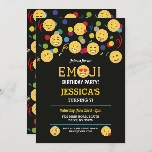 幸せな誕生日のEmojiのおもしろいの誕生日の子供 招待状 (正面/裏面)