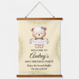 幸せな誕生日を迎えるかわいいテディベア 吊り下げ型タペストリー