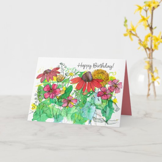 幸せな誕生日 輝く夏の庭の赤い花 カード (黄色い花)