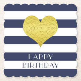 幸せな誕生日 金のハート 青と白のストライプ ペーパーコースター