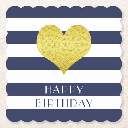 幸せな誕生日 金のハート 青と白のストライプ ペーパーコースター (正面)