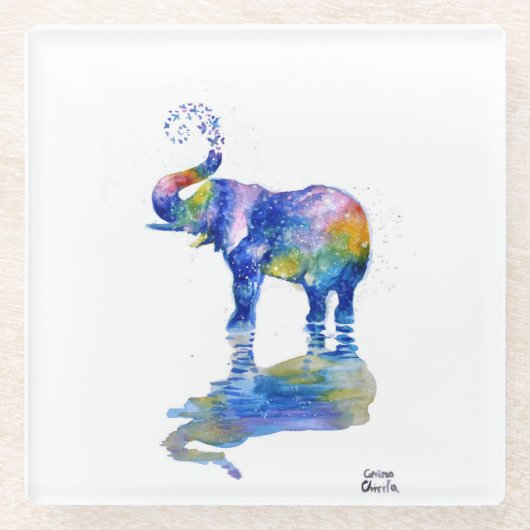 幸せな象の水の絵画色 ガラスコースター (正面)