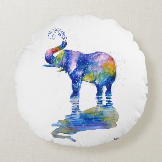 幸せな象の水の絵画色 ラウンドクッション (正面)