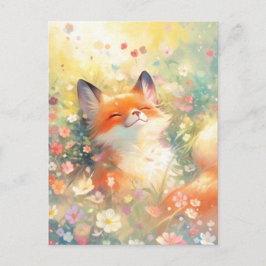 幸せな赤狐の陽だまりの野生の花畑 ポストカード (正面)