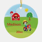 幸せな農場で働く女性の納屋のトラクター動物ブラウン セラミックオーナメント (正面)