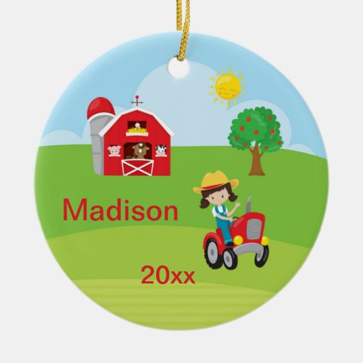 幸せな農場で働く女性の納屋のトラクター動物ブラウン セラミックオーナメント (正面)