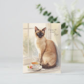 幸せな退職 お茶を飲む猫 猫ママ ポストカード (スタンド正面)