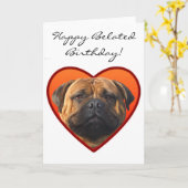 幸せな遅れて誕生日のbullmastiff犬 カード (黄色い花)