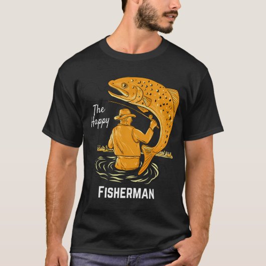 幸せな釣り人ビッグフィッシングデザイン Tシャツ (正面)
