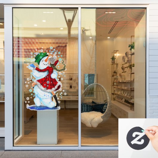 幸せな雪だるまと少女がタンゴで踊るメリークリスマス ウィンドウサイン (店舗窓)